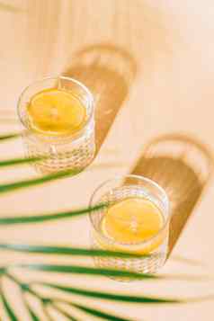 玻璃水柠檬柔和的背景热带棕榈叶子