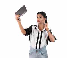 业务女人移动电话智能手机孤立的白色背景