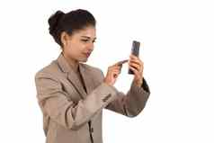 业务女人移动电话智能手机孤立的白色背景
