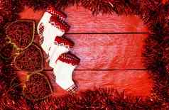 圣诞节作文红色的木董事会圣诞节加兰装饰有创意的作文边境复制空间前视图平躺圣诞节框架