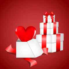 白色礼物盒子红色的缎弓心苍蝇开放礼物系红色的包装磁带站表面前面视图