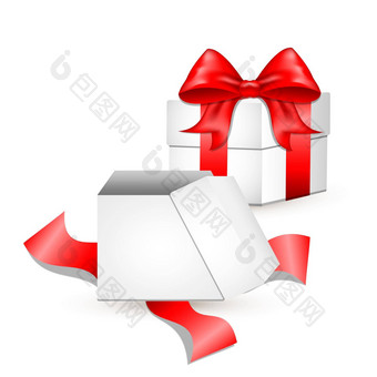 白色礼物盒子红色的缎弓立方形状真正的盒子系红色的包装磁带站表面前面视图