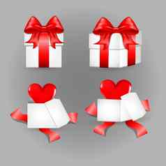 白色礼物盒子红色的缎弓心苍蝇开放礼物系红色的包装磁带站表面前面视图