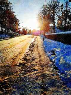 数字水彩风格雪路日落北部斯堪的那维亚