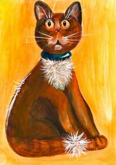 画丙烯酸油漆有趣的猫大眼睛黄色的背景