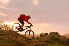 骑自行车的人红色的骑自行车夏天岩石小道日落极端的体育运动复古骑自行车概念