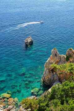 美丽的海滩船清洁海湾概念旅行假期旅游伟大的的地方夏天假期游泳Paleokastritsa科孚岛岛希腊