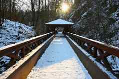 美丽的雪木桥路径徒步旅行冬天季节雪太阳