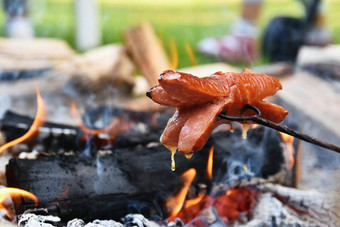 烤香肠火野营自然食物