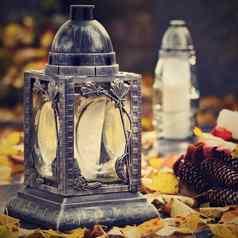 美丽的秋天概念墓地万圣节蜡烛灯笼坟墓背景万圣节