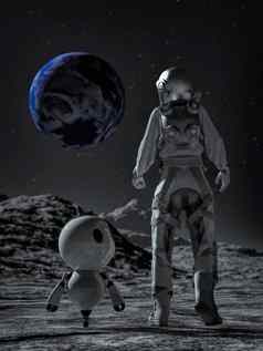宇航员小机器人太空行走月亮地球