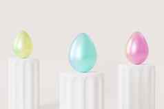 复活节鸡蛋装饰色彩斑斓的梯度油漆白色讲台上春天假期卡插图渲染