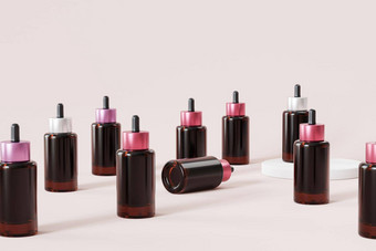 玻璃瓶化妆品护理产品模板广告米色背景插图渲染