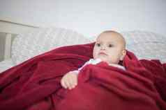 神情悠闲的婴儿覆盖红色的毯子说谎床上
