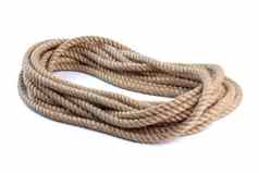 线圈自然黄麻黑森绳子绳编织扭曲的孤立的白色背景