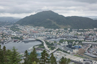 视图卑尔根城市山floyenfloyen城市山卑尔根Hordaland挪威城市的受欢迎的旅游景点