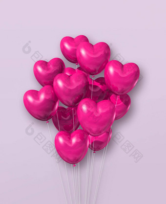 粉红色的心形状空气<strong>气球</strong>集团光紫色的背景