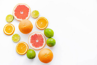 柑橘类水果白色背景减少彩色的水果柑橘类<strong>家庭</strong>柑橘类切片布局前视图白色背景文章健康的吃酮<strong>饮食</strong>