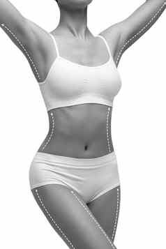虚线行美丽的女身体特写镜头女人苗条的适合身体白色标志着孤立的白色背景