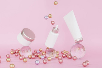 模型下降瓶乳液管奶油Jar化妆品<strong>产品广告</strong>平衡玻璃球体插图渲染
