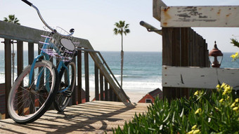 自行车巡洋舰自行车海洋海滩加州海岸美国<strong>夏季周</strong>期楼梯棕榈树