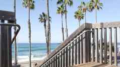 木楼梯海滩访问加州美国沿海楼梯太平洋海洋波棕榈树