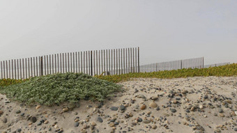 木哨栅栏桑迪有雾的海滩加州美国太平洋海洋海岸雾<strong>阴霾</strong>海海岸