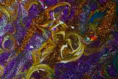 五彩缤纷的丙烯酸背景卷发撒紫色的黄金闪光当代创造力色彩斑斓的“先锋绘画丰富的纹理背景使形状材料