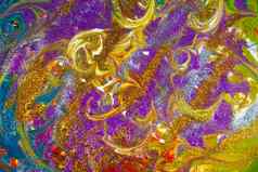 五彩缤纷的丙烯酸背景卷发撒紫色的黄金闪光当代创造力色彩斑斓的“先锋绘画丰富的纹理背景使形状材料