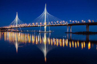 斜拉桥桥Zsd晚上现代高桥河晚上景观城市圣彼得堡风景圣彼得堡晚上城市路桥