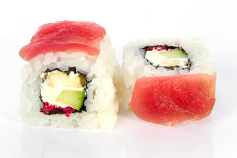 寿司卷日本食物孤立的白色背景菜单日本餐厅寿司红色的<strong>大马哈鱼</strong>鱼<strong>大马哈鱼</strong>特写镜头