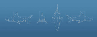 鲨鱼蓝图网模型蓝色的背景前面视图拼字正确的的角度来看免费的风格渲染呈现