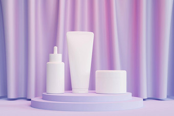 模型下降瓶乳液管奶油Jar化妆品产品广告蓝色的讲台上粉红色的光插图渲染