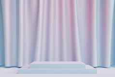 广场讲台上基座产品广告柔和的蓝色的粉红色的背景窗帘最小的插图渲染