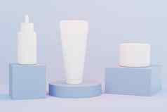 模型下降瓶乳液管奶油Jar化妆品产品广告蓝色的领奖台插图渲染