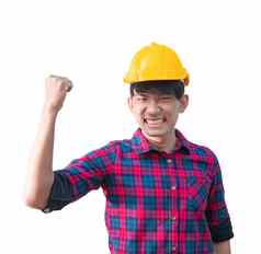 工程师建设男人。穿黄色的安全头盔塑料提高拳头恼怒的愤怒的孤立的白色背景