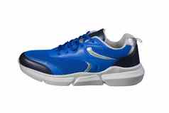 蓝色的运动鞋使织物白色背景一边视图体育运动鞋子