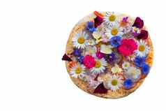 有创意的披萨覆盖色彩斑斓的花一块有创意的披萨