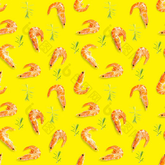 老虎虾无缝的模式使虾孤立的黄色的背景<strong>海鲜</strong>无缝的模式虾<strong>海鲜</strong>模式
