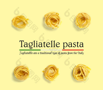 意大利意大利面蔬菜生意大利面意大利面条流行艺术背景平躺意大利生巢意大利面孤立的黄色的