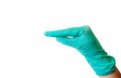 女手蓝色的乳胶手套使手势类似鸭子的嘴隔离医疗健康概念复制空间
