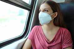 旅行安全公共运输年轻的女人断续器脸面具火车窗口火车乘客保护面具