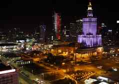 华沙波兰空中视图中心城市晚上宫文化科学业务摩天大楼