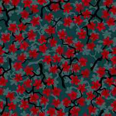 无缝的模式开花日本樱桃樱花分支机构红色的花橄榄背景