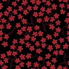 无缝的模式开花日本樱桃樱花Terracotta花黑色的背景