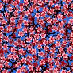 无缝的模式开花日本樱桃樱花分支机构织物包装壁纸纺织装饰设计邀请打印礼物包装制造业粉红色的花青色背景