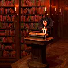 女巫阅读魔法书烛光图书馆魔法书