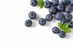 蓝莓水果前视图孤立的白色背景平躺开销布局薄荷叶健康的设计概念