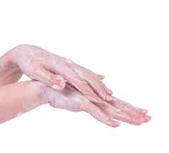 洗手孤立的白色背景亚洲年轻的女人液体肥皂洗手概念保护流感大流行冠状病毒关闭