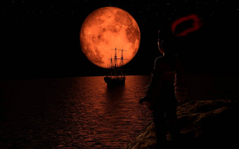 海盗帆船完整<strong>的红色的月亮</strong>海盗女人站岩石